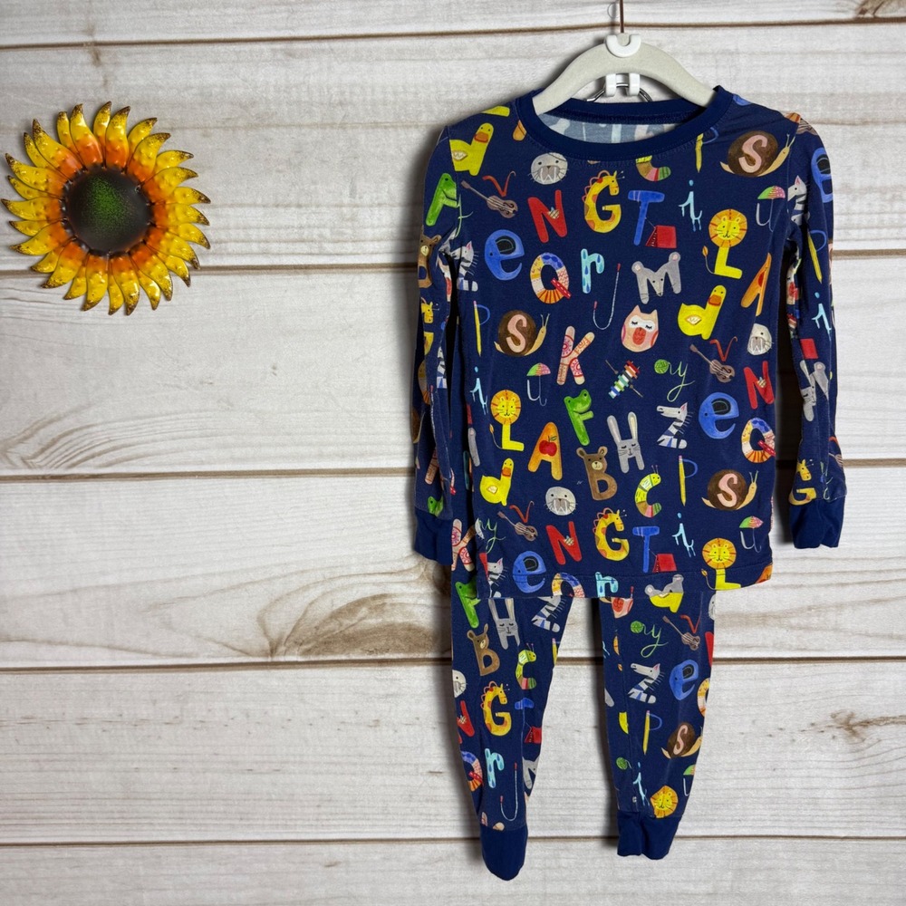 Little Sleepies Navy Alphabet Friends Print Long‎ Sleeve Bamboo Pajama Set 2T